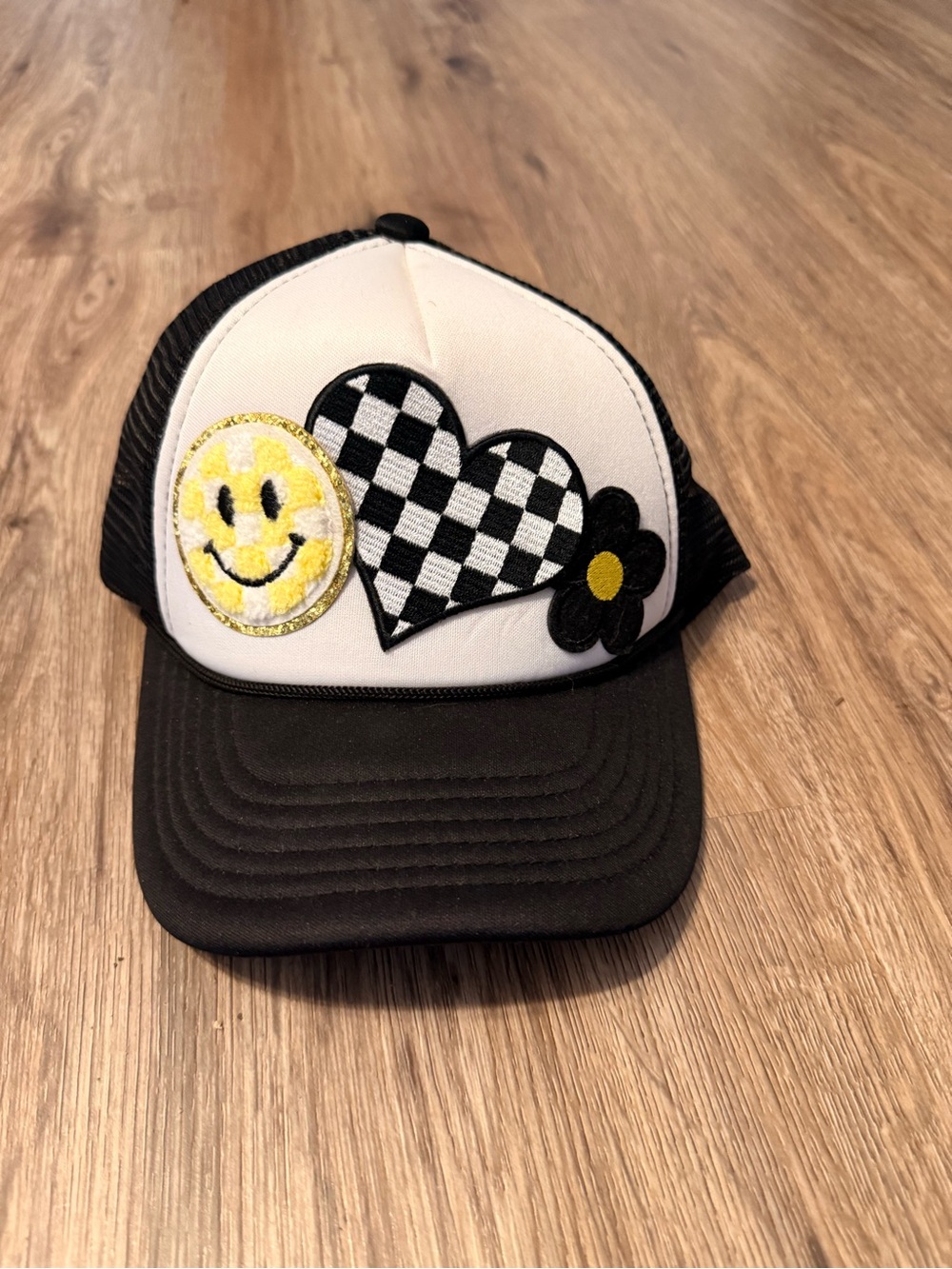 Black and White Trucker Hat with Smiley, Checker Heart & Flower